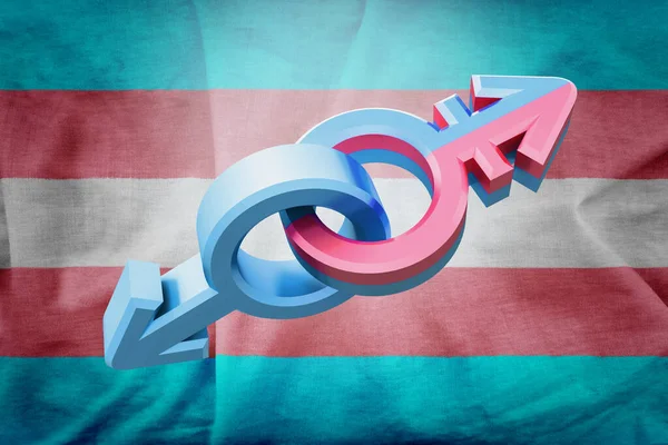 Símbolo de sexo em cores de transexual em fundo azul e rosa. Ideia e liderança ocultam. ilustração 3d . — Fotografia de Stock