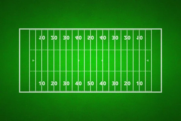 Top uitzicht op het Amerikaanse voetbalveld. Groen gras patroon voor sport achtergrond. Ragby voetbalveld met witte lijnen markeert de toonhoogte. — Stockfoto