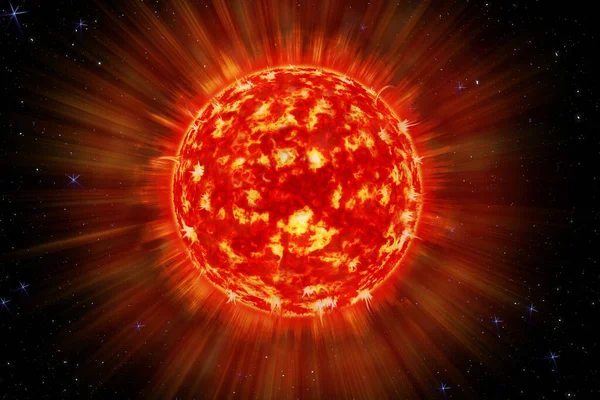 Een beeld van een gedetailleerde zon in de ruimte. Ster, zonnestorm. De kracht van de zon in de ruimte met Plasma Achtergrond. 3d illustratie — Stockfoto