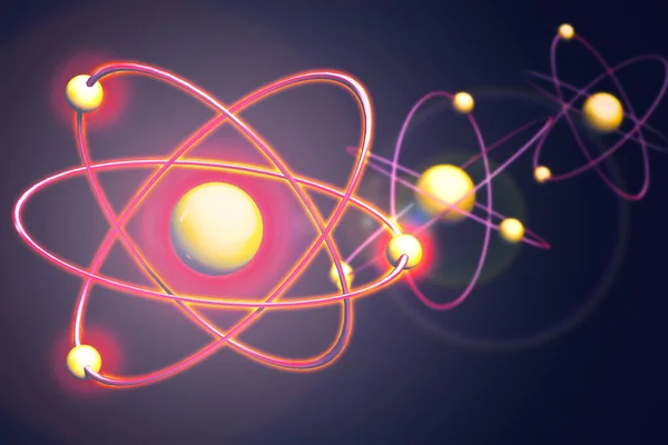 Fondos átomos de formas geométricas, círculo de puntos de líneas. Modelo nuclear atómico sobre fondo energético. Ilustración 3D —  Fotos de Stock