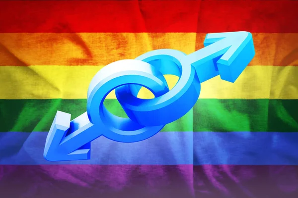 Símbolos de género con bandera de orgullo arcoíris de la organización LGBT. Bandera de lesbianas, gays, bisexuales y transexuales. Símbolos masculino y femenino. ilustración 3d . — Foto de Stock