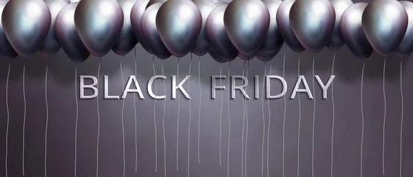 Black friday sale promo banner with silver shiny balloons. Black Friday Sale fashion background. 3d illustration.