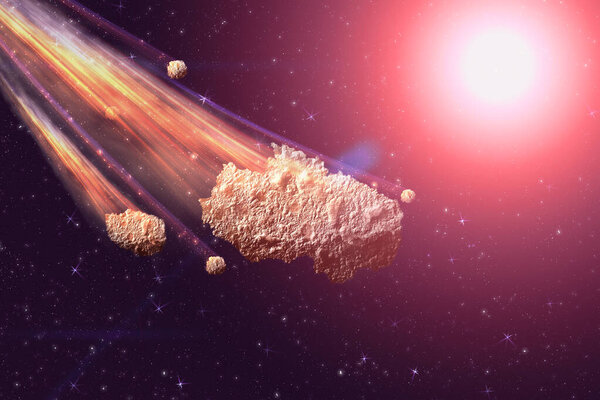 The Falling Meteor Rain. Comet in space, meteor and energy, asteroid glow. Dramatic apocalyptic background - judgment day, end of world, asteroid impact. 3D illustration.