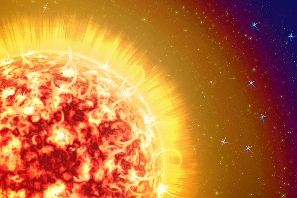 宇宙の詳細な太陽のイメージ。星、太陽嵐。プラズマ背景を持つ空間における太陽の力。3Dイラスト — ストック写真