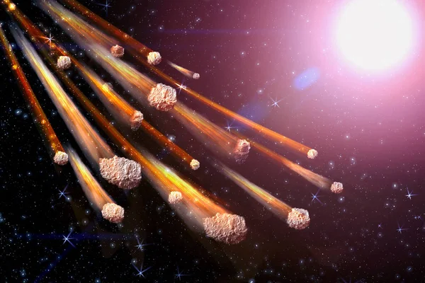 La lluvia de meteoritos que cae. Cometa en el espacio, meteorito y energía, brillo de asteroides. Fondo apocalíptico dramático - día del juicio, fin del mundo, impacto de asteroides. Ilustración 3D . — Foto de Stock