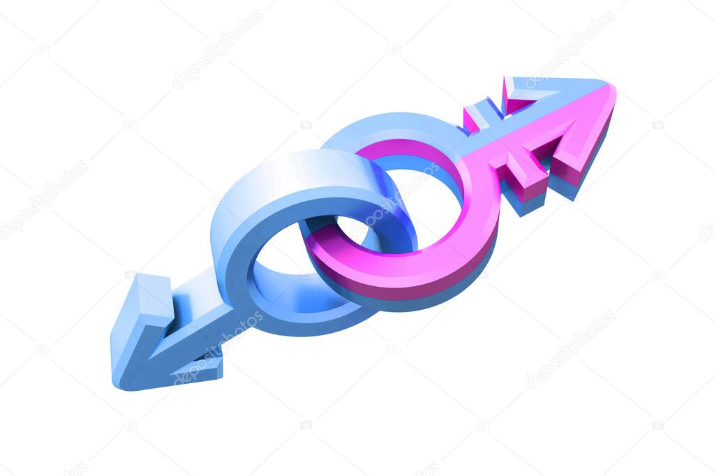 Set of gender symbols with stylized silhouettes, male, female and unisex or transgender. Idea and leadership concep. Isolated on white backgroud. 3d illustration.