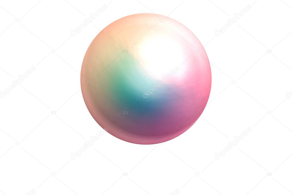 Realistic single shiny natural rainbow sea pearl with light effects isolated on white background. Spherical beautiful orb with transparent glares and highlights. Jewel gems. 3D render.