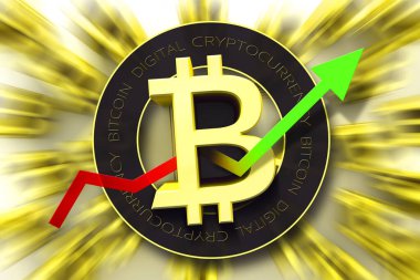 Bitcoin işareti. Yeni şifreli para ticareti konsepti ve yukarı bakan bir ok. Fintech Yatırım.