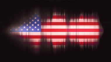 Parlayan parçacıklar ve telden oluşan soyut dijital dalga. Fütürist 3d illüstrasyon 5.1 ses. Hud elementi. Amerika Birleşik Devletleri bayrağı. Teknoloji konsepti. Soyut arkaplan.