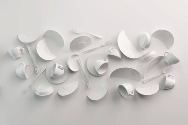 Tasarım menüsü restoranı ya da kafe için beyaz gıda arka planı kavramı. Yemek broşürü. Seramik Tabaklar ve Tabaklar. Beyaz arka planda beyaz kahve fincanları ve çay tabakları. 3d hazırlayıcı