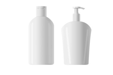 Jöle, losyon, krem, şampuan, banyo köpüğü için sıvı konteynır. Güzellik ürünleri paketi. Kozmetik plastik şişe. Kadınlar ve erkekler için deodorant spreyi seti. 3d illüstrasyon.