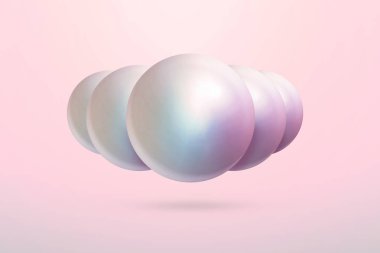 Yumuşak pembe arka planda parlak inciler. Şatafatlı, parlak mücevher arka planda, gül incili. Gerçekçi, parlak, ışık efektli gökkuşağı deniz incisi. 3d hazırlayıcı.