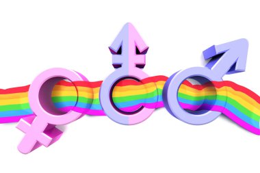 Lgbt bayrağı taşıyan cinsiyet sembolleri. Fikir ve liderlik konsepti. 3d illüstrasyon.