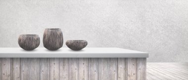 Beyaz arkaplandaki hafif ahşap masa ürünlerinizi görüntülemek veya montajlamak için kullanılabilir. 3d illüstrasyon