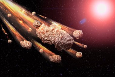 Düşen Meteor Yağmuru. Uzayda kuyruklu yıldız, meteor ve enerji, göktaşı parıltısı. Dramatik kıyamet geçmişi, kıyamet günü, dünyanın sonu, asteroit çarpması. 3d illüstrasyon.