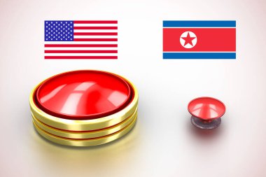 Altın kenarlı kırmızı yuvarlak düğme. Nükleer bomba denemesi 3D illüstrasyon konsepti için Usa öğle yemeği Icbm füzesi. Bozuk kriz üzerine Dprk bayrağı.