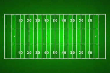 Amerikan futbol sahasının en iyi manzarası. Spor geçmişi için yeşil çimen deseni. Ragby futbol sahasında beyaz çizgiler var. 3d illüstrasyon.