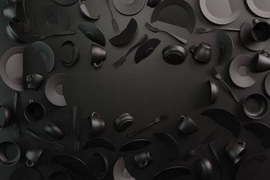 Tasarım menüsü restoranı ya da kafe için siyah gıda konsepti. Logon için boşluğu kopyala. Yemek broşürü. Mate Seramik Tabaklar ve Tabaklar. Gri kahve fincanları ve fincan tabakları koyu bir arka planda. 3d hazırlayıcı