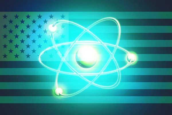 Bomba nuclear americana, teste nuclear. Modelo nuclear Átomo em Estados Unidos arranhou Bandeira. ilustração 3d — Fotografia de Stock