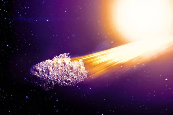 SF幻想的な背景-燃焼と爆発の星、地獄、小惑星の影響、輝く地平線。深い空間だ小惑星の攻撃。科学的解説。3Dイラスト. — ストック写真