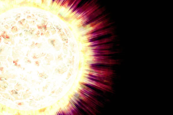 Menutup pandangan matahari terbakar di ruang angkasa. Planet Api. Planet yang panas. Matahari dari luar angkasa menunjukkan semua keindahan mereka. Matahari yang sangat terang. Coronary Emissions and Prominences on the Sun in Space (dalam bahasa Inggris). Ilustrasi 3D . — Stok Foto