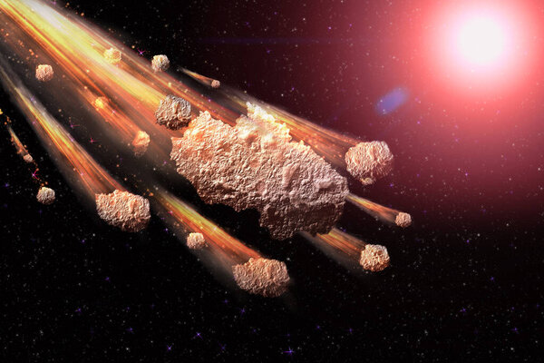 The Falling Meteor Rain. Comet in space, meteor and energy, asteroid glow. Dramatic apocalyptic background - judgment day, end of world, asteroid impact. 3D illustration.