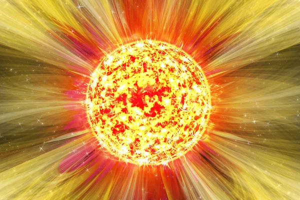 Экстремальная солнечная буря, солнечные вспышки. Солнечные лучи солнечного света. Яркое светящееся солнце с эффектом света, солнечный свет с бликом объектива. Оранжевый свет солнца. 3d иллюстрация — стоковое фото