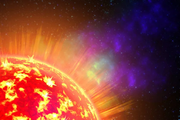 Sol y Tierra en las profundidades del espacio. Esquema de radiación solar y campo electromagnético de la Tierra. ilustración 3d — Foto de Stock