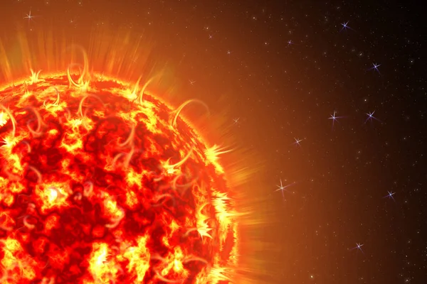 O imagine a unui soare detaliat în spațiu. Stea, furtună solară. Puterea soarelui în spațiu cu Plasma Background. Ilustrație 3d . — Fotografie, imagine de stoc