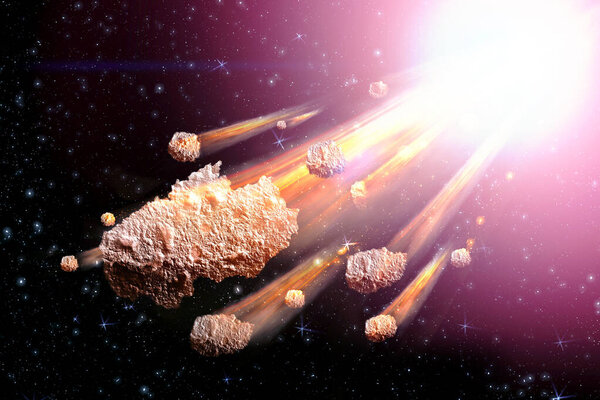 Sci-fi fantastic background - burning and exploding stars, hell, asteroid impact, glowing horizon. Deep space. Attack of the asteroid. Scientific llustration. 3D illustration.