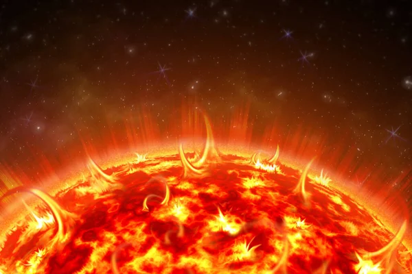 Una imagen de un sol detallado en el espacio. Estrella, tormenta solar. El poder del sol en el espacio con el fondo de plasma. ilustración 3d — Foto de Stock