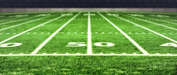 Futbol sahası perspektifi. Sahada beyaz çizgileri olan futbol stadyumu. Perspektif elementleri. Ragby futbol sahası, sahada beyaz çizgiler çiziyor. 3d illüstrasyon.
