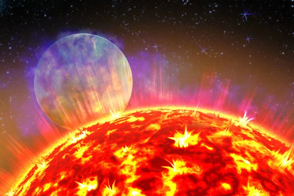 Sol y Tierra en las profundidades del espacio. Esquema de radiación solar y campo electromagnético de la Tierra. ilustración 3d — Foto de Stock