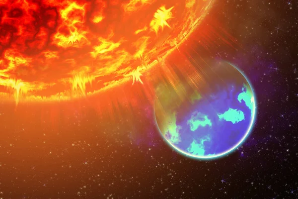 Sole e Terra nelle profondità dello spazio. Schema di radiazione solare e campo elettromagnetico della Terra. Illustrazione 3d . — Foto Stock