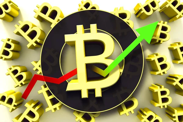 Eğilim oklu bitcoin işareti. Kripto para ticareti konsepti. 3d illüstrasyon.