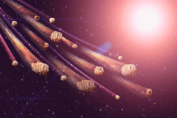 The Falling Meteor Rain. Comet in space, meteor and energy, asteroid glow. Dramatic apocalyptic background - judgment day, end of world, asteroid impact. 3D illustration.