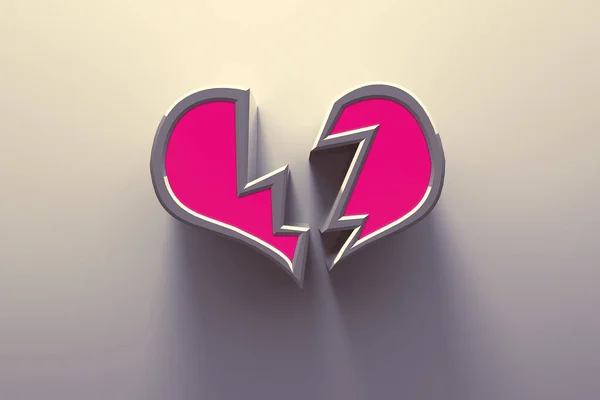 Heart broken pink on gray background - love concept. 3D illustration.
