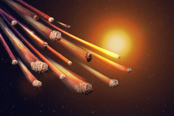 The Falling Meteor Rain. Comet in space, meteor and energy, asteroid glow. Dramatic apocalyptic background - judgment day, end of world, asteroid impact. 3D illustration.