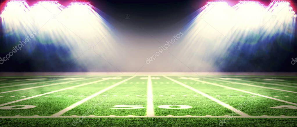 Perspective of football field. Football stadium with white lines