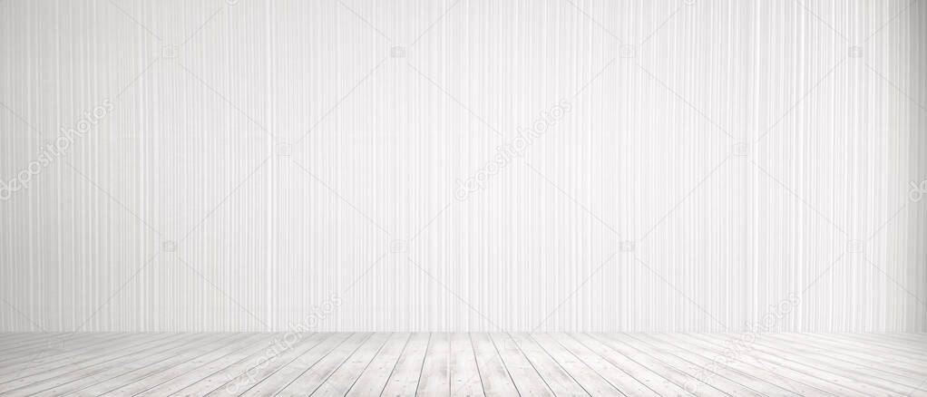 Room interior vintage with white brick wall and wood floor background. white concrete wall and white wood floor. Empty bright interior. 3D render.