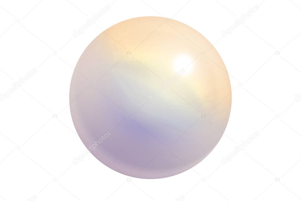 Realistic single shiny natural rainbow sea pearl with light effects isolated on white background. Spherical beautiful orb with transparent glares and highlights. Jewel gems. 3D render.