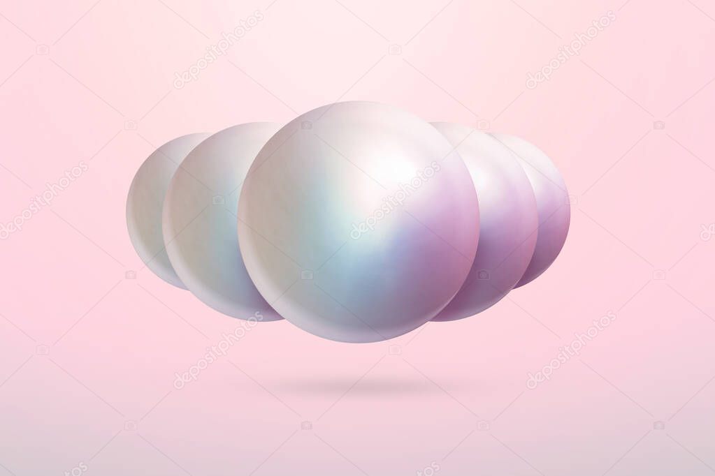 Shiny pearls on soft pink background. Luxury beautiful shining jewellery background with rose pearl. Realistic single shiny natural rainbow sea pearl with light effects. 3D render.