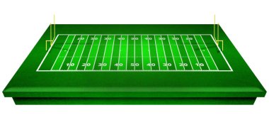 Futbol sahası perspektifi. Sahada beyaz çizgileri olan futbol stadyumu. Perspektif elementleri. Ragby futbol sahası, sahada beyaz çizgiler çiziyor. 3d illüstrasyon.