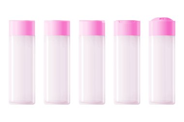 Jöle, losyon, krem, şampuan, banyo köpüğü için sıvı konteynır. Güzellik ürünleri paketi. Kozmetik plastik şişe. Kadınlar ve erkekler için deodorant spreyi seti. 3d illüstrasyon.