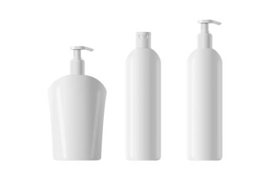 Jöle, losyon, krem, şampuan, banyo köpüğü için sıvı konteynır. Güzellik ürünleri paketi. Kozmetik plastik şişe. Kadınlar ve erkekler için deodorant spreyi seti. 3d illüstrasyon.