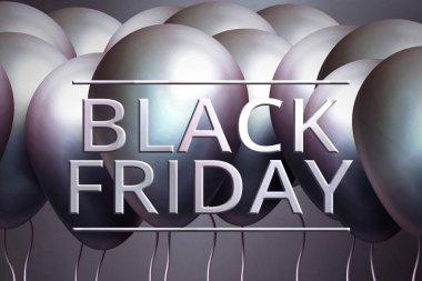 Gümüş renkli balonlu Kara Cuma tanıtım afişi. Kara Cuma indirimli moda geçmişi. 3d illüstrasyon.