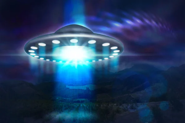 Low key image of UFO hovering over a mountains at night 3d illustration — Stockfoto