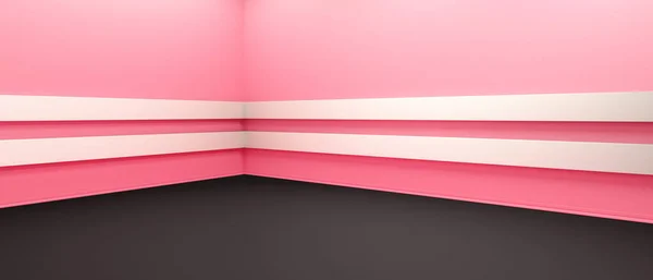 Üres sarok rózsaszín falakkal és fekete padlóval. Üres szoba stúdió gradiens használt háttér és megjeleníti a terméket. 3d illusztráció — Stock Fotó