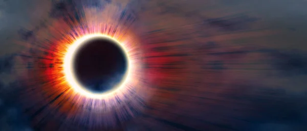 Fondo científico increíble - eclipse solar total en el cielo brillante de color rojo oscuro, misterioso fenómeno natural cuando la Luna pasa entre el planeta Tierra y el Sol. Ilustración 3D . — Foto de Stock