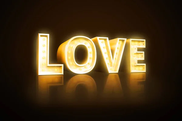 Neon sign, the gold word Love on dark background. Design element for Happy Valentine\'s Day. Ready for your design, greeting card, banner. 3D illustration.